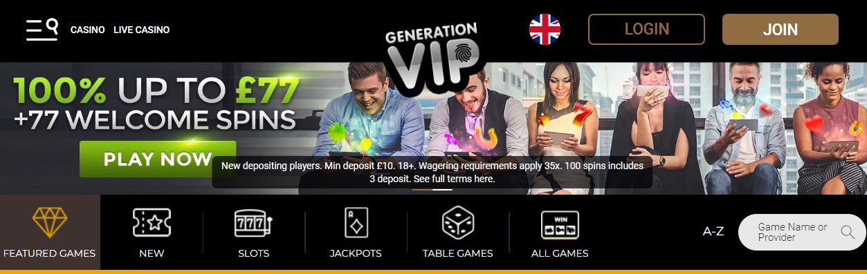 Online casino VIP banner promoting £77 welcome spins