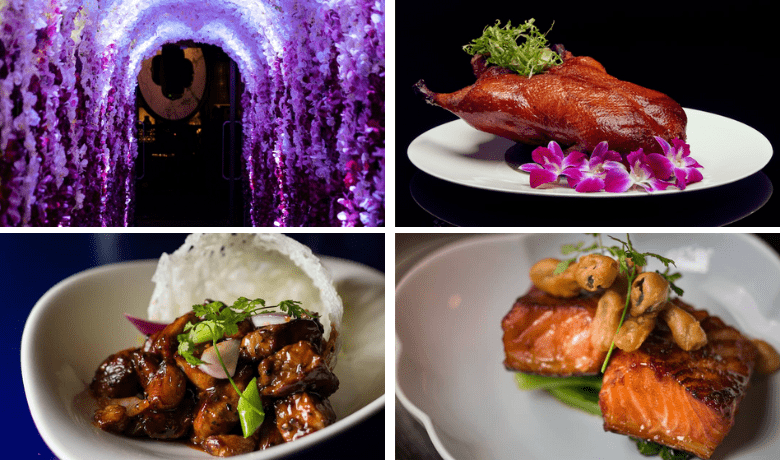 Collage of Asian dishes and purple flower tunnel