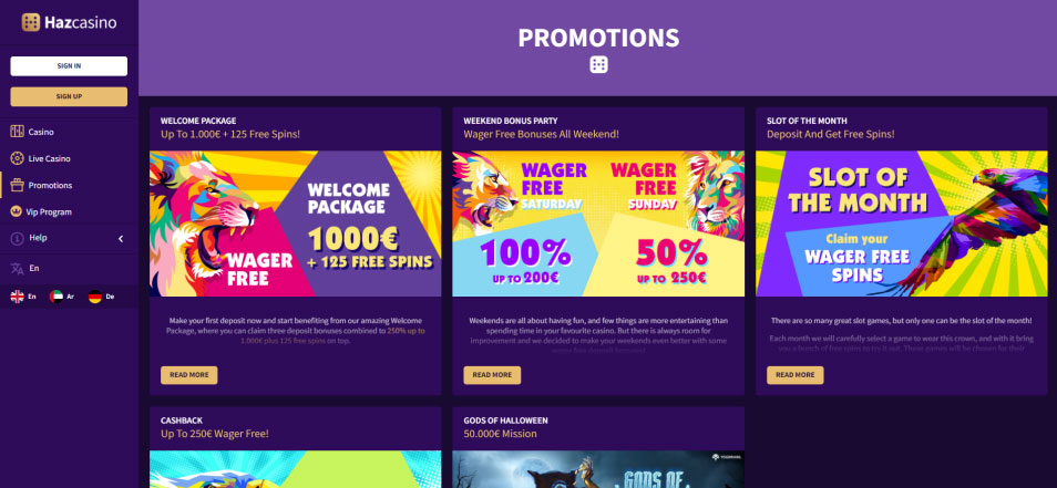 Online casino promotions page with colorful banners