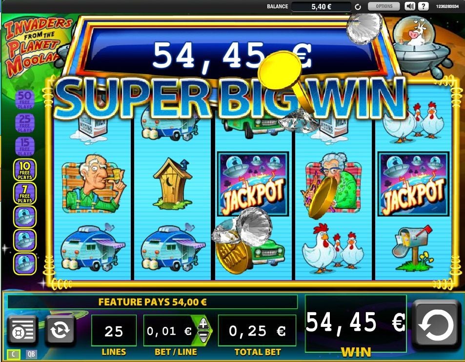 Cartoon slot machine screen showing Super Big Win