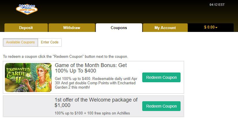 Casino coupons page showing bonus offers