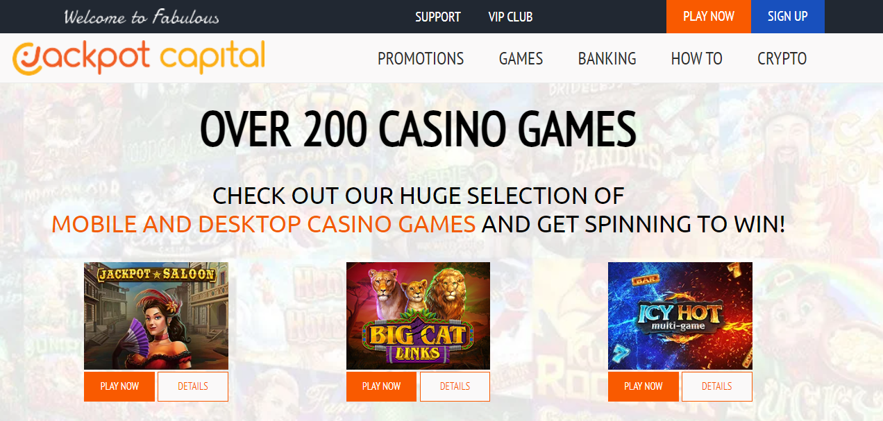 Jackpot Capital online casino homepage showcasing slots