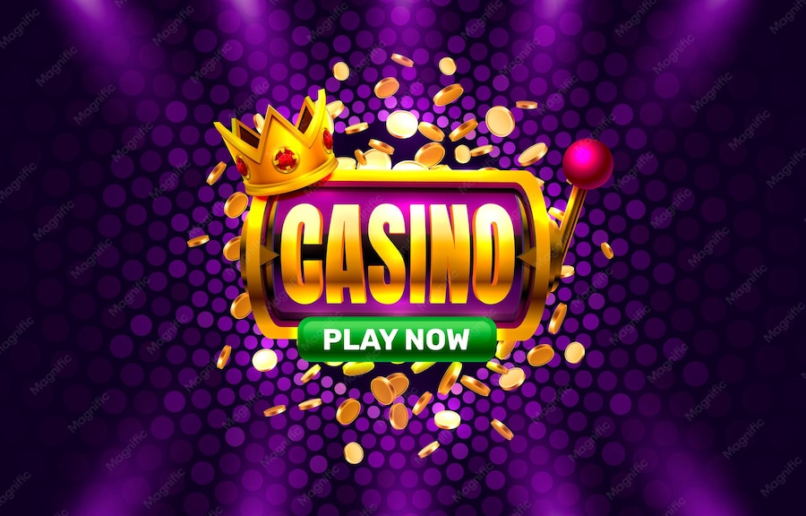Casino slot machine logo with crown and coins