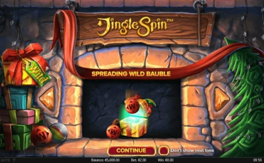 Jingle Spin slot screen with Christmas presents