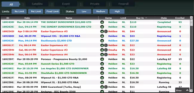 Online poker tournament lobby showing scheduled events