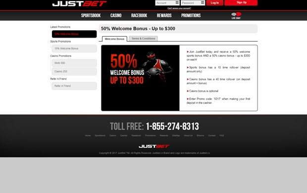 JustBet homepage showing 50% welcome bonus