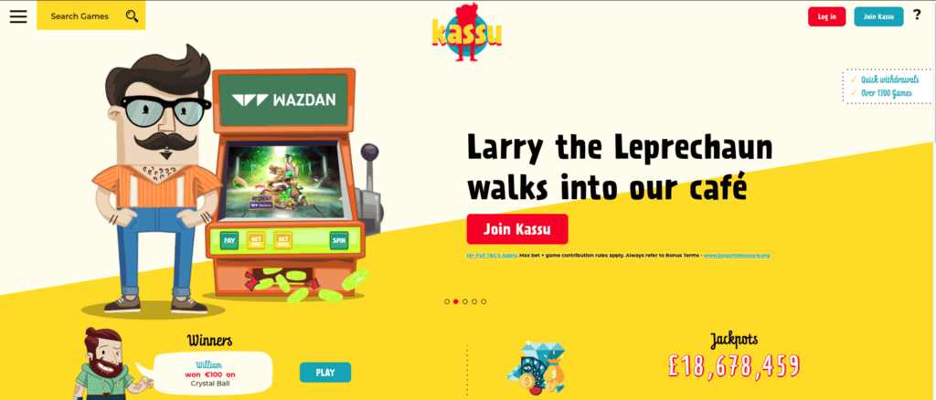 Cartoon leprechaun beside slot machine on yellow banner