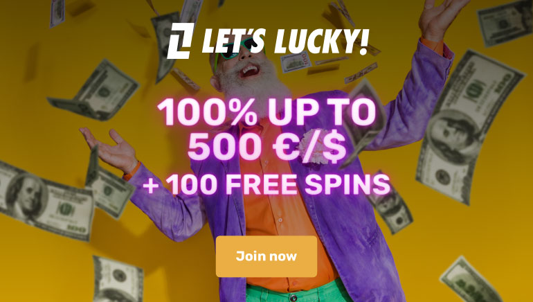 Casino bonus ad showing man celebrating with cash