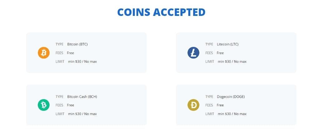 Accepted cryptocurrencies: Bitcoin, Litecoin, Bitcoin Cash, Dogecoin