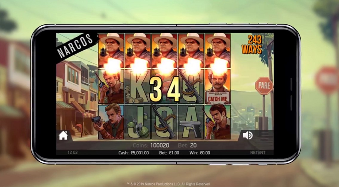 Smartphone showing Narcos-themed mobile slot game