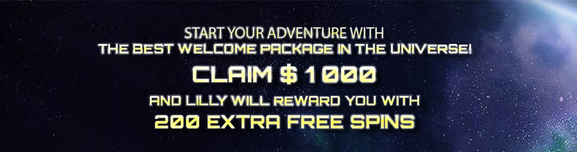 Space-themed banner offering $1000 and 200 spins