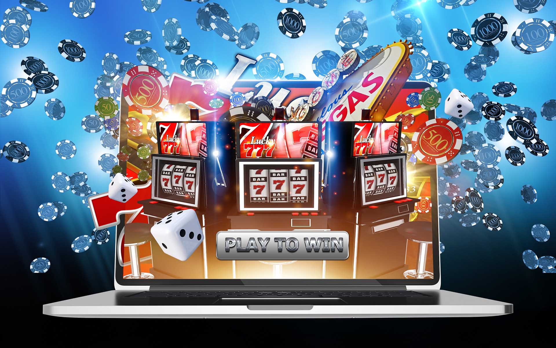 Laptop with online casino slot machines and chips
