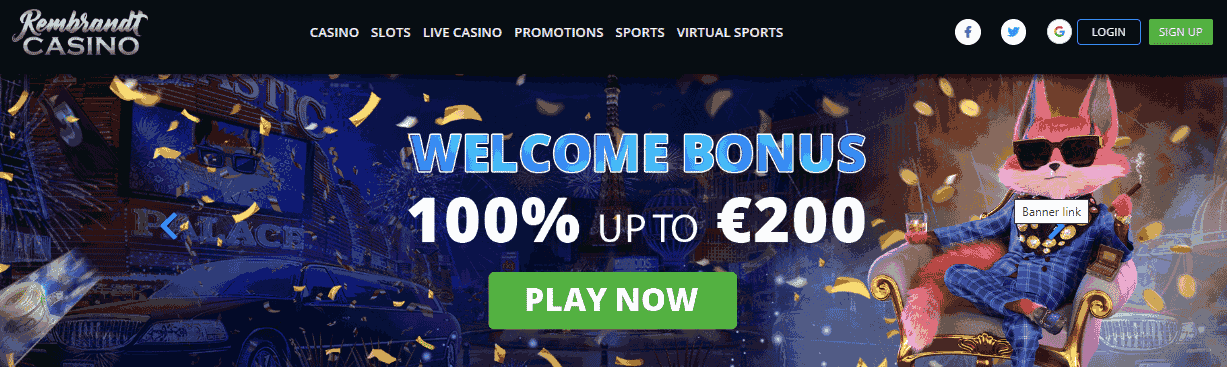 Welcome bonus casino banner featuring fox mascot