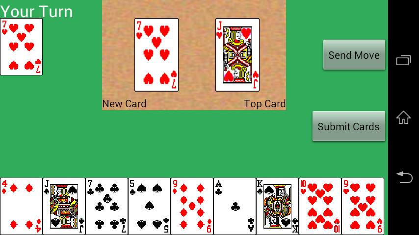 Mobile card game screen with player hand