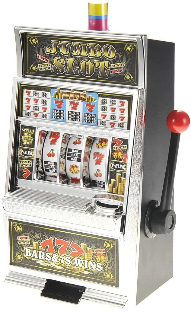 Silver tabletop slot machine with red lever