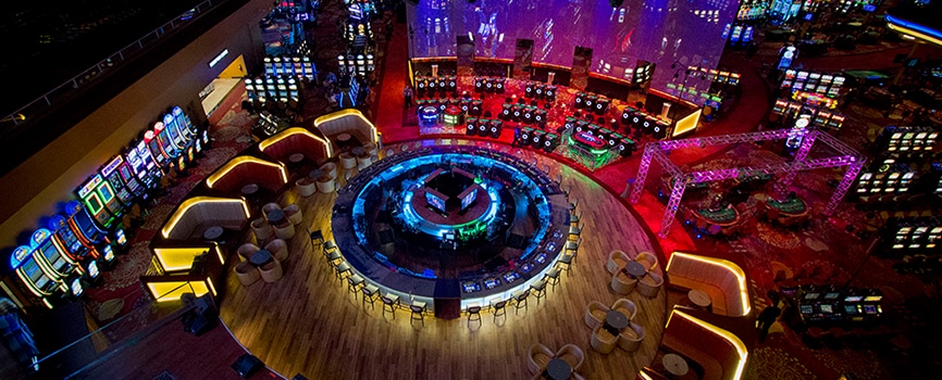 Panoramic casino floor with slots and tables