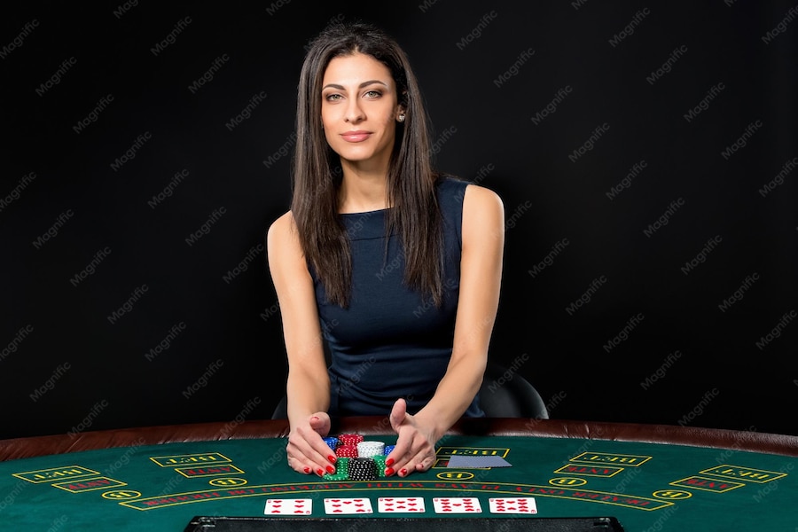 Casino dealer dealing cards and chips