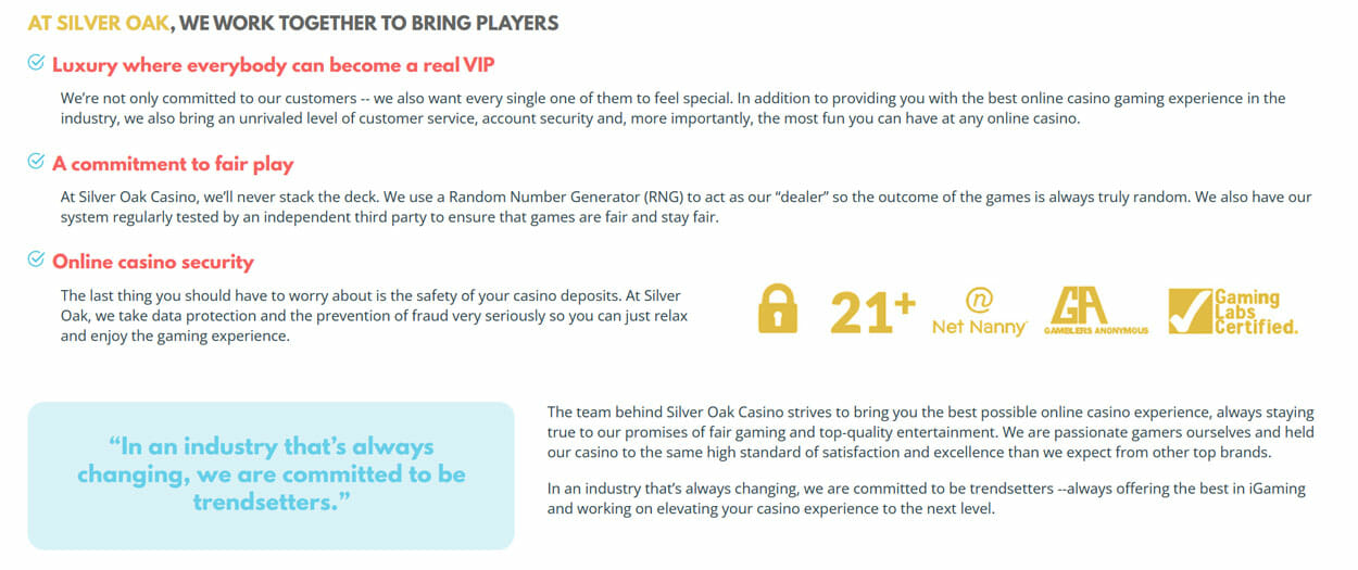 Silver Oak Casino website security and VIP features