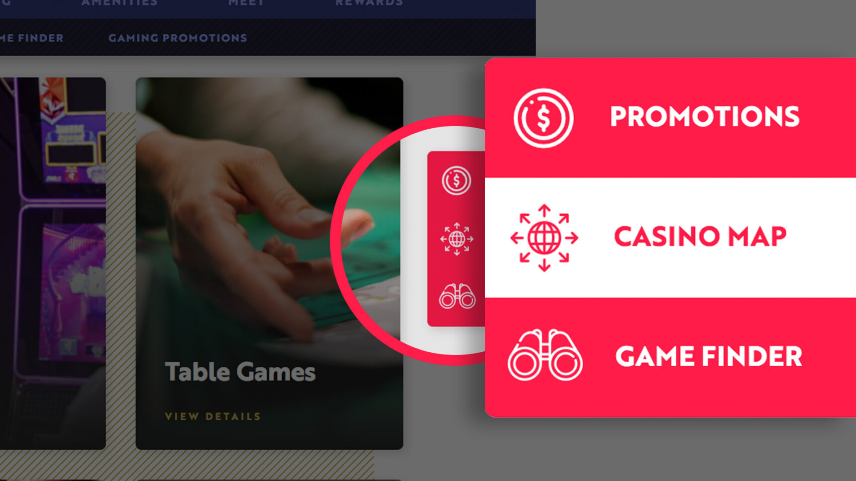 Promotions menu overlay over casino table games