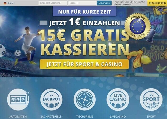 Sports and casino banner: €15 free offer
