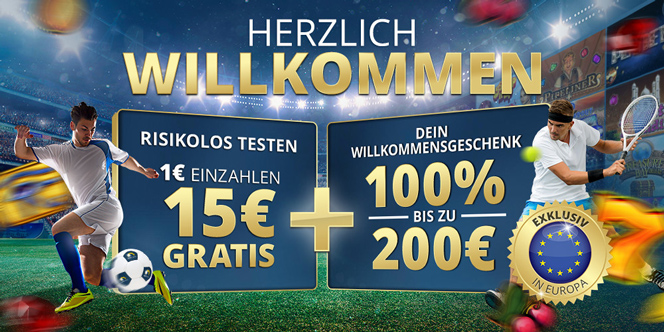 Welcome bonus banner with soccer and tennis