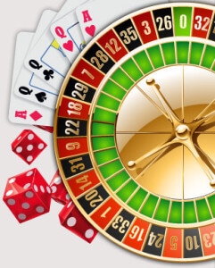 Casino roulette wheel with cards and dice