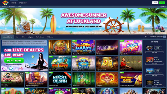 Online casino homepage with summer banner
