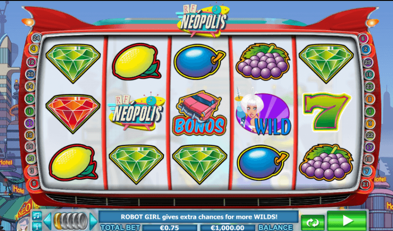 Neon casino slot machine reels with colorful symbols