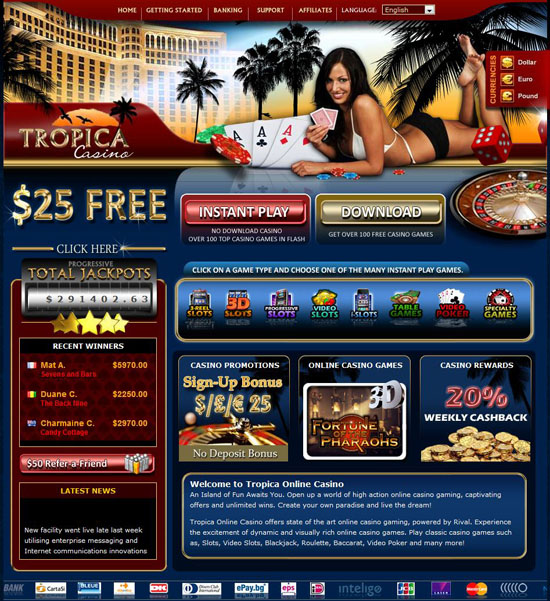 Tropica Casino banner: woman with cards, roulette