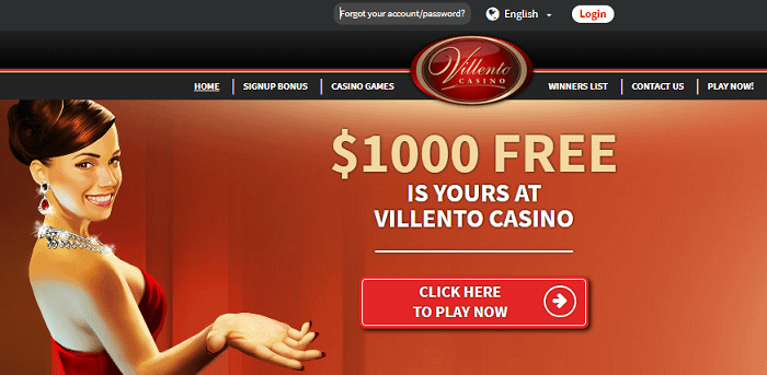Villento Casino banner offering $1000 free