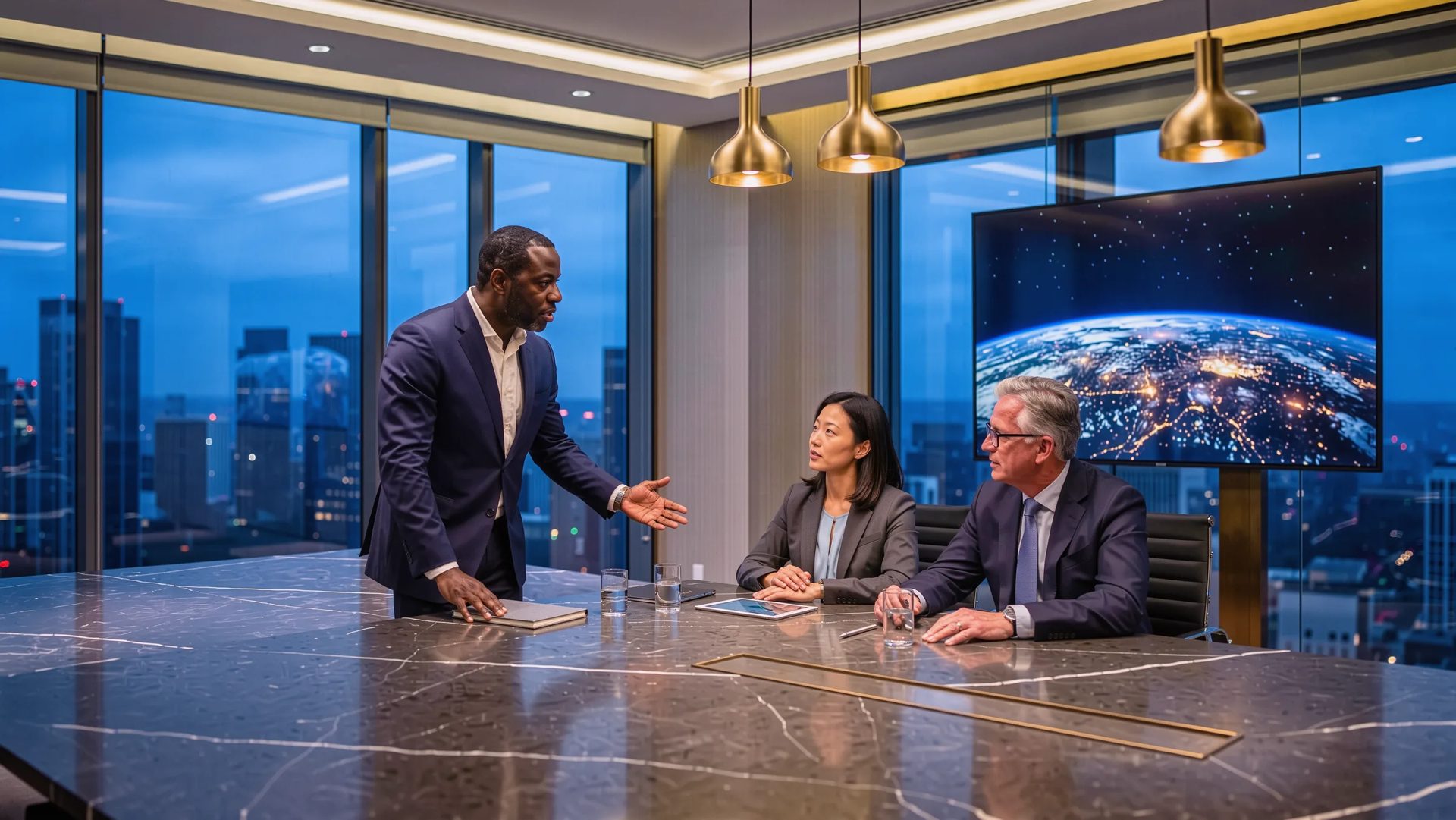 Three professionals meeting in modern conference room