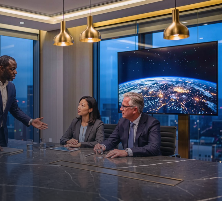 Business meeting with illuminated Earth display