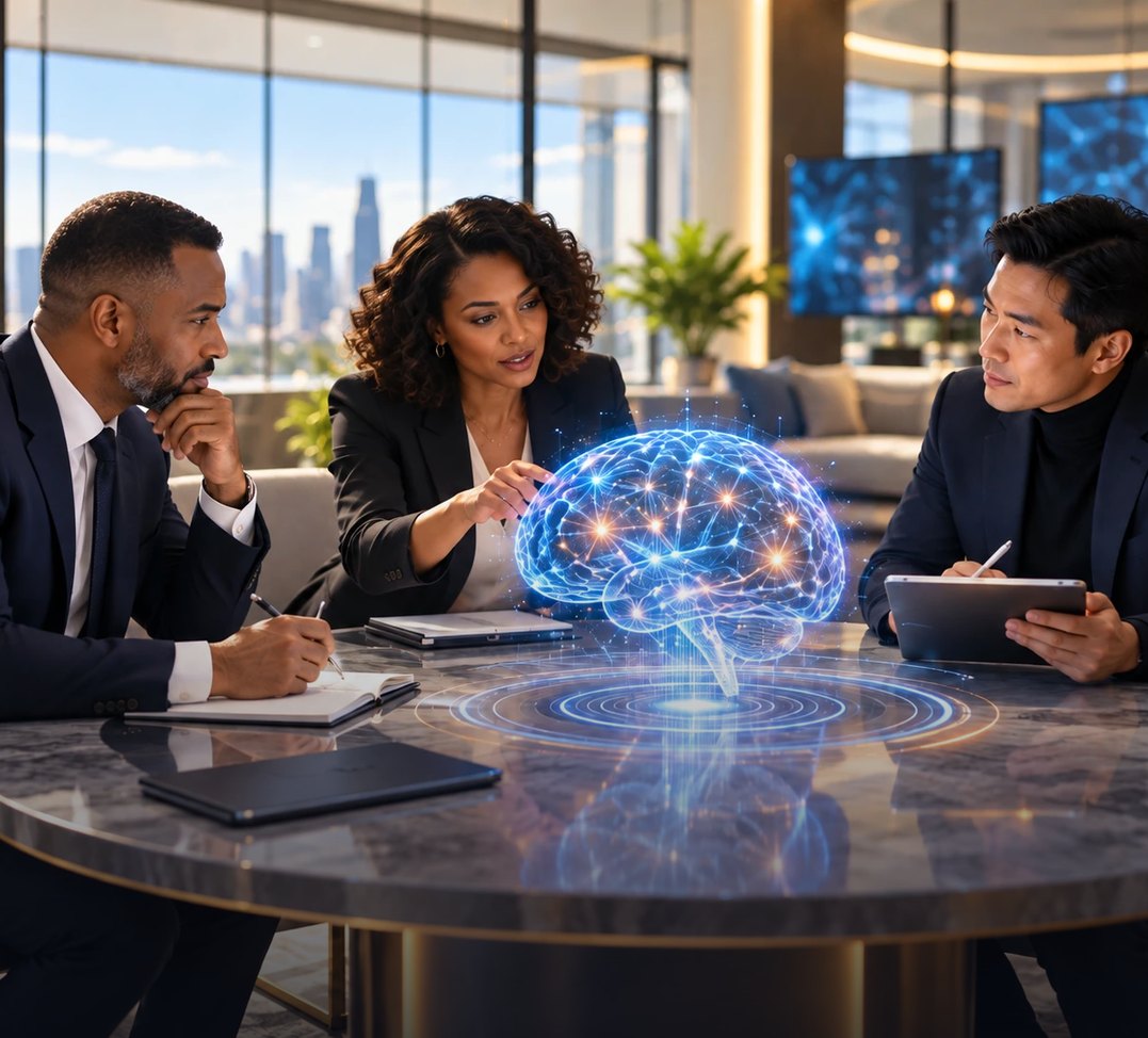 Business team discussing holographic AI brain