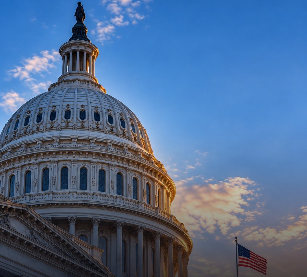 Capitol dome and American flag at sunset
