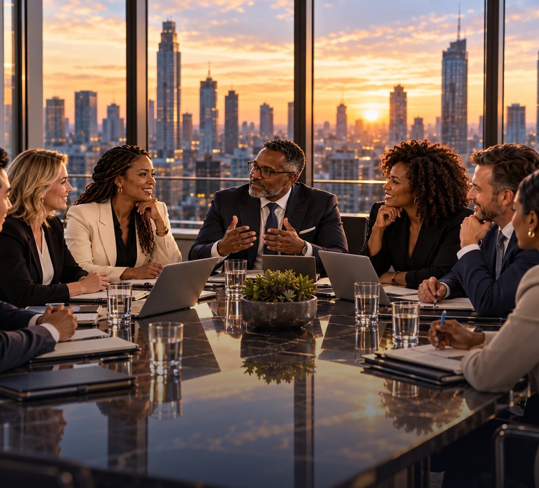 Business leaders meeting in boardroom at sunset